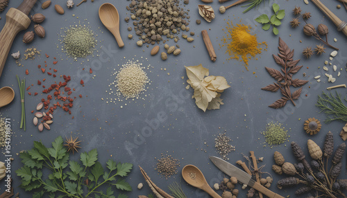 Title: Assorted Spices and Herbs in Wooden Spoons on Dark Surface, Concept of Culinary Diversity, Natural Flavor, and Aromatic Cooking Ingredients