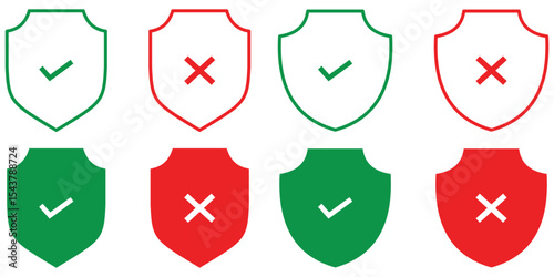 Shield with check mark and cross icon set with shadow. Safe and unsafe sign symbol. Protection and unprotection, green shield checkmark & red shield cross mark icon.