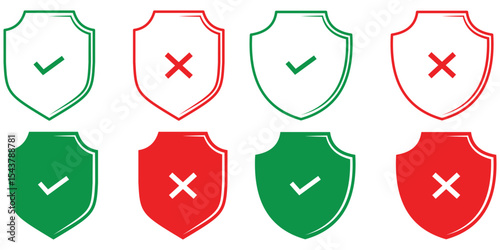 Shield with check mark and cross icon set with shadow. Safe and unsafe sign symbol. Protection and unprotection, green shield checkmark & red shield cross mark icon.