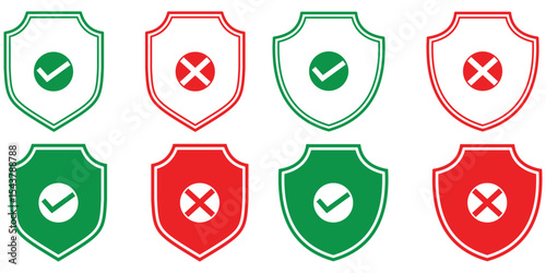 Shield with check mark and cross icon set with shadow. Safe and unsafe sign symbol. Protection and unprotection, green shield checkmark & red shield cross mark icon.
