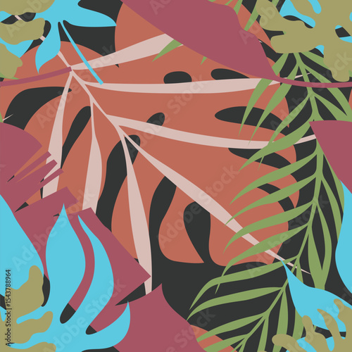 Tropical leaves vector seamless pattern. Multicoloured Hawaiian pattern ideas for background, textile, home decor, rugs and carpet, laminates, banner, template.