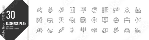 Business Plan Icon: business people analyzing strategy, presenting ideas, growth and teamwork in corporate business plan, editable line icon set for website mockup, UI/UX kit
