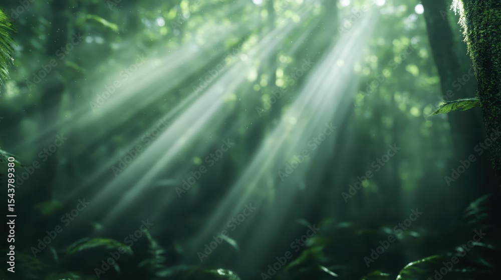 Fototapeta premium A stunning visual of sunlight piercing through dense forest foliage, creating an ethereal atmosphere that evokes a sense of magic and tranquility in nature's embrace.