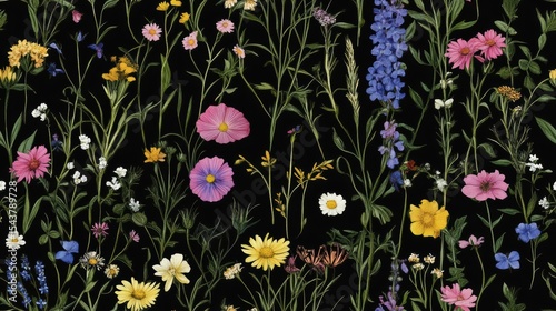 Vibrant Floral Seamless Pattern with Colorful Blooms, Nature's Beauty, Whimsical Garden, Captivating Botanical Design on Rich Black Background