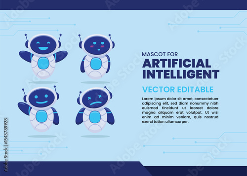 Set of Ai chatbot Vector. Neural cute mascot in various pose, robot waving hand. Smart robotic character. Isolated vector illustration. Help assistance, artificial intelligence support device.