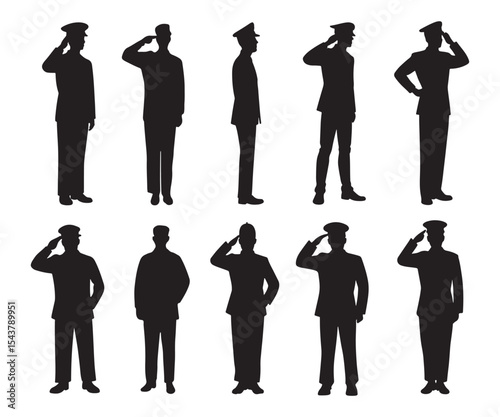 Police and Soldier Silhouette Saluting in Uniform. Military & Law Enforcement Vector.