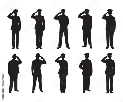 Police and Soldier Silhouette Saluting in Uniform. Military & Law Enforcement Vector.