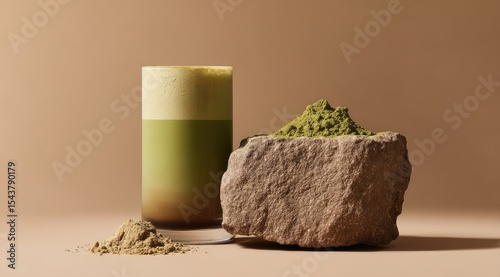 A tall glass of frothy matcha latte sits beside a rough stone holding matcha powder; beige background.  A small pile of another powder rests nearby