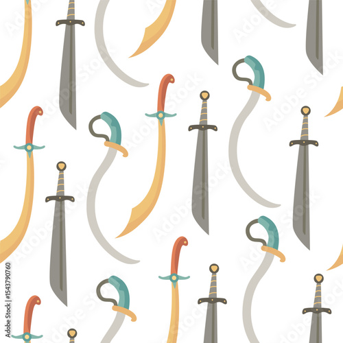 Seamless pattern featuring a variety of historical swords and dagger. Hand drawn flat style illustration for textile, wrapping paper, projects in a historical or fantasy theme
