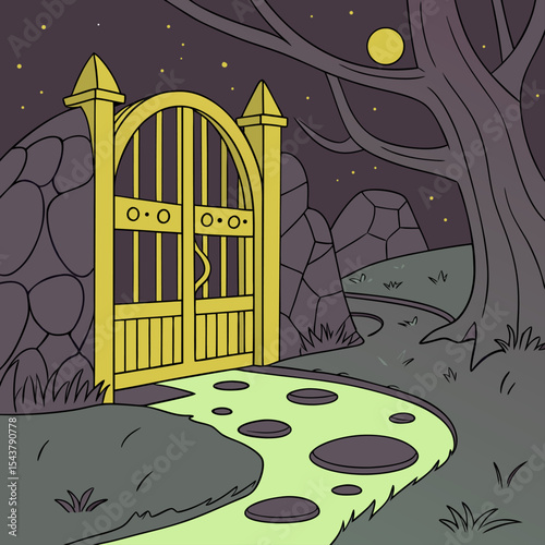 Mysterious Night Gate Illustration – Fantasy Landscape Path Concept