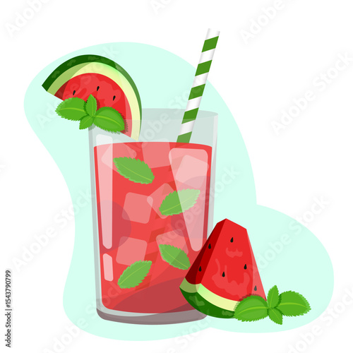 Summer watermelon cocktail with mint and cocktail tube, vector illustration