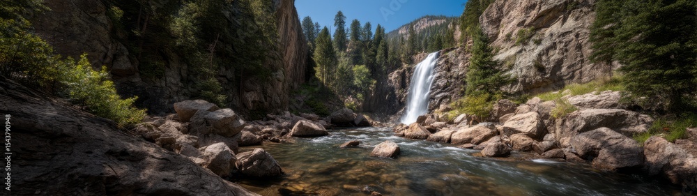 Fototapeta premium Waterfall adventure rocky mountains 360 degree hdr panoramic view