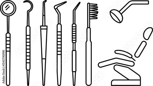 A black and white line drawing of dental instruments and a dental chair