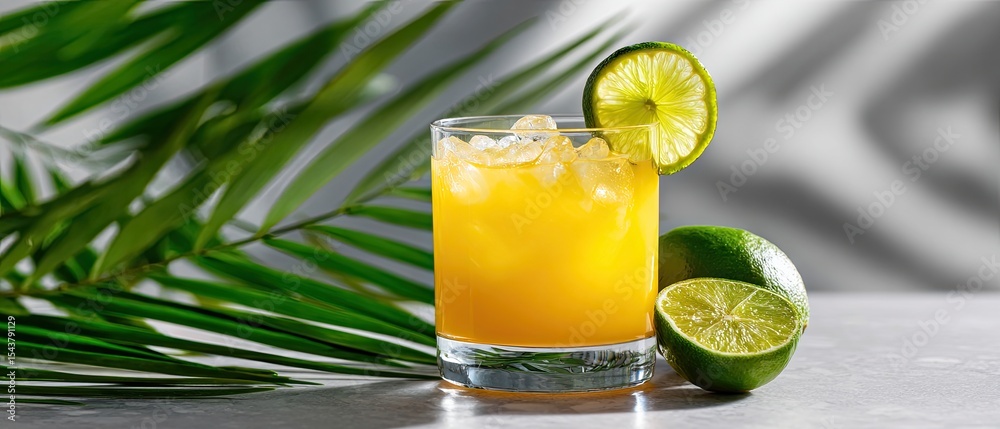 Fototapeta premium mango juice fresh flavorful concept. Refreshing citrus drink served with ice and garnished with a lime slice.