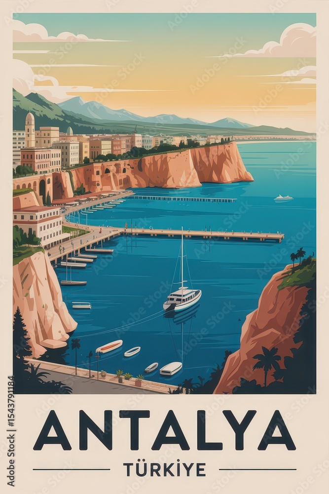 Obraz premium Vintage Travel Poster of Antalya Cliffs and Mediterranean Coastline, Turkey