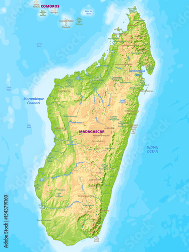 Detailed physical map of Madagascar