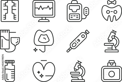 Line art illustration of medical and dental icons on a white background