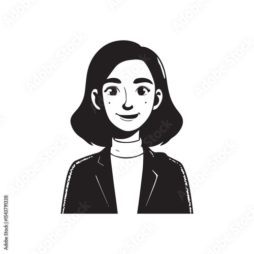 Friendly businesswoman in a simple black and white illustration.