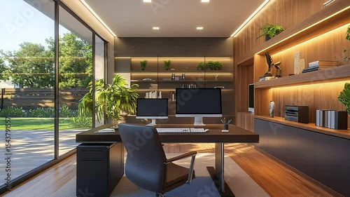 Modern home office with large window, wooden accents, and two computer monitors.