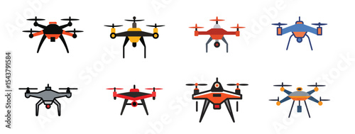 Collection of Diverse Drone Illustrations  A Variety of Quadcopter Designs for Aerial Photography, Videography, and Surveillance Applications. 