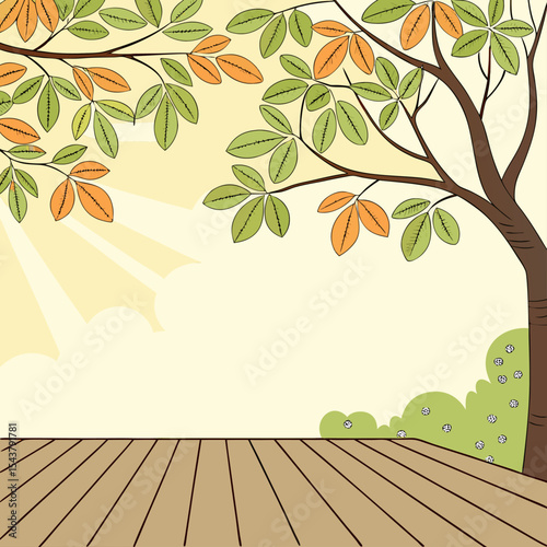 Cartoon Nature Background with Tree Branch and Wooden Deck
