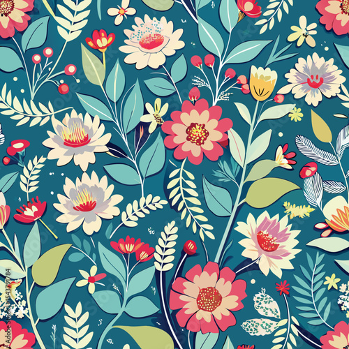 Seamless Floral Pattern with Colorful Leaves and Flowers, Vintage Botanical Surface Design