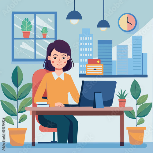 woman in the office, A women work in the office with the laptop, young woman working on laptop