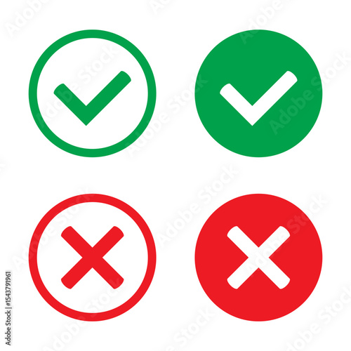 Right or wrong icons. Green tick and red cross checkmarks in circle flat icons. Yes or no symbol, approved or rejected icon for user interface.