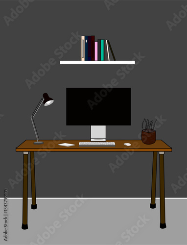Flat Vector Workspace with Computer and Books