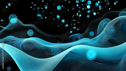 Abstract Digital Waves with Dynamic Light Particles in Blue Tones Created with Computer Graphics