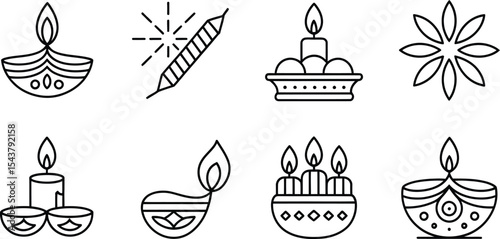 Line art illustration of diwali elements including diyas and sparklers
