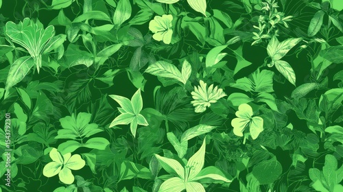 Vibrant Green Leafy Seamless Pattern Texture Featuring Botanical Designs with Lush Flora Elements for Nature-Inspired Backgrounds