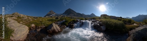 360 degree hdr panoramic view of mountain stream nature landscape hdri