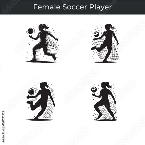 Dynamic silhouettes of a female soccer player in action with football and goal net
