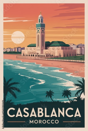 Vintage Travel Poster of Casablanca Coastline and Hassan II Mosque at Sunset, Morocco