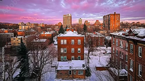 Winter sunrise over a city skyline with snow-covered buildings and trees.