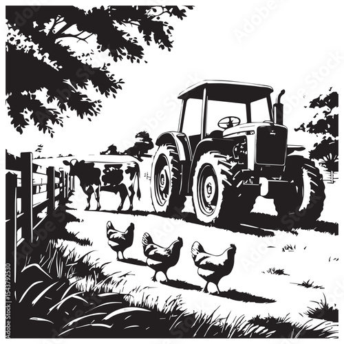 Black and white farm scene with tractor cows and chickens