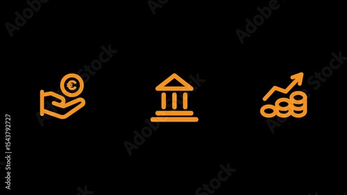 Animated financial icons on transparent background with alpha channel, Symbolizing finance, investment, banking, and economic growth concepts. Ideal for fintech, corporate, and economic presentations.