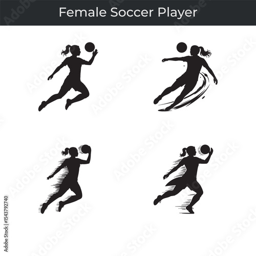 Dynamic black and white silhouette illustrations of a female soccer player executing soccer techniques