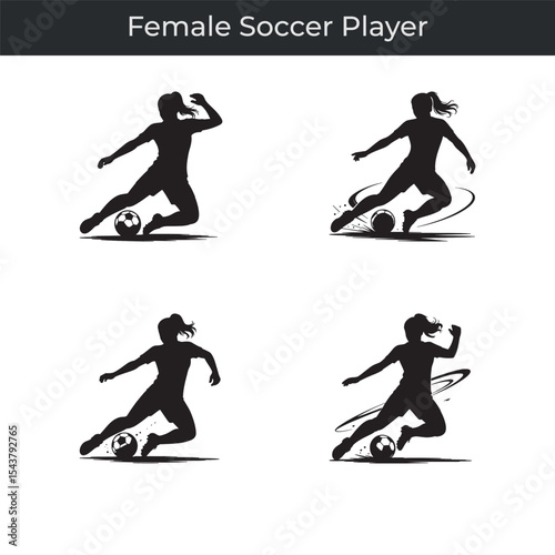 Four silhouette illustrations of a dynamic female soccer player kicking and controlling a soccer ball