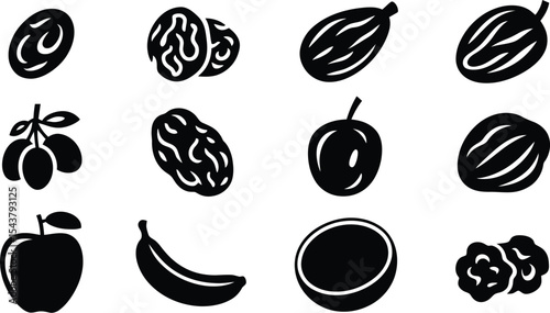 A collection of black and white fruit and nut icons on a white background