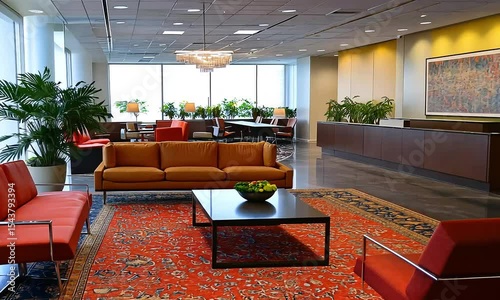 Modern office lobby with comfortable seating, plants, and a reception desk.