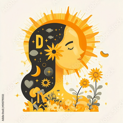 Woman with glowing sun, flowers, and vitamin D symbols health vector concept. Vector illustration