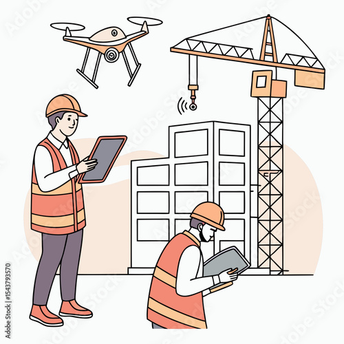 Construction site with workers in safety vests controlling surveying drones using tablets, drone capturing topographic data from above