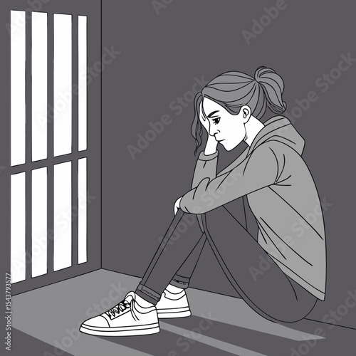 Sad Woman Sitting in Jail – Emotional Illustration of Depression and Prison Life

