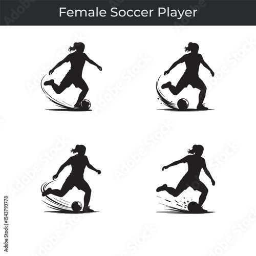 Four dynamic silhouettes of a female soccer player kicking a ball on a white background