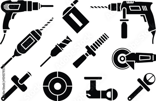 A collection of various black and white tools for construction and repair