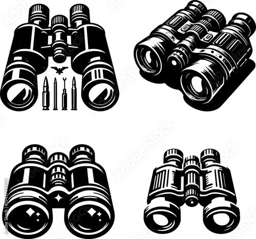 collection of black and white military binocular icon, representing war surveillance, scouting, and strategy.