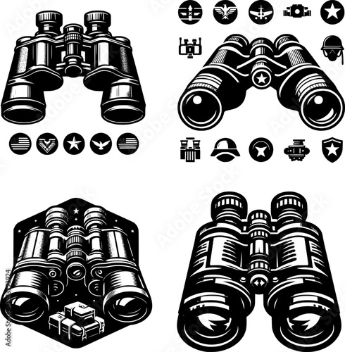 collection of black and white military binocular icon, representing war surveillance, scouting, and strategy.