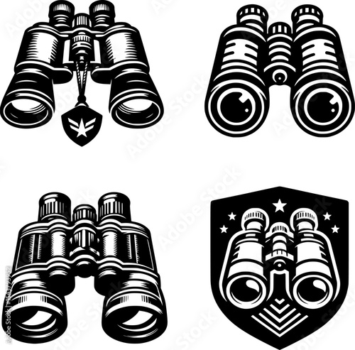 collection of black and white military binocular icon, representing war surveillance, scouting, and strategy.